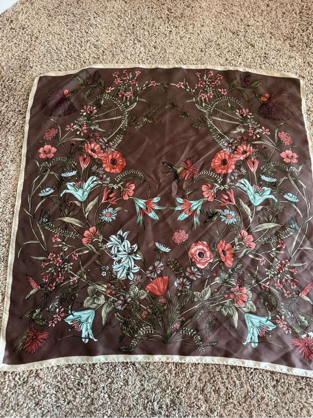 Floral Satin Scarf in Brown with Coral & Mint Flowers